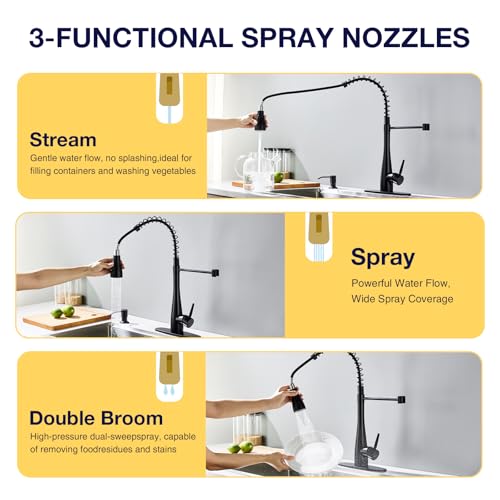 Image of Kitchen Faucets with Pull Down Sprayer, High Arc Single Handle Classic Stainless Steel Sink Faucet 1 or 3 Hole, Suitable for Farmhouse Camper Laundry Rv Bar, Matte Black