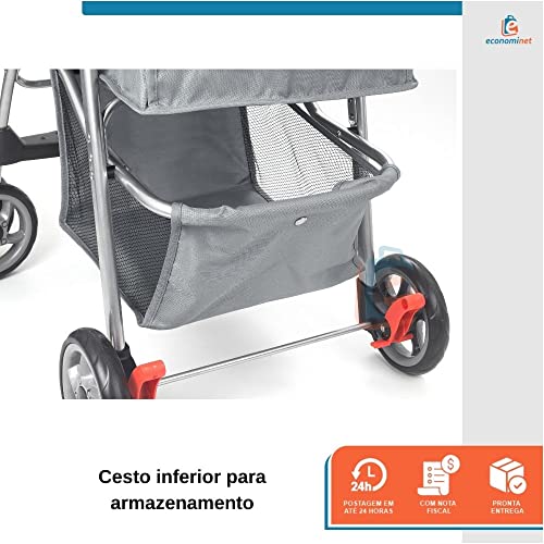 Carrinho Passeio Pet Cao e Gato Com Cesto e Porta Copos Cinza