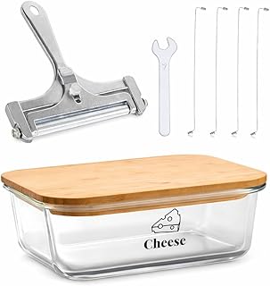 Cheese Container for Refrigerator,Glass cheese slice holder with Wooden Lid&Cheeses Cutter,Lunch Deli Meat Containers for Fridge,BPA-Free Shredded Cream Block Cheeses Storage Box keeper