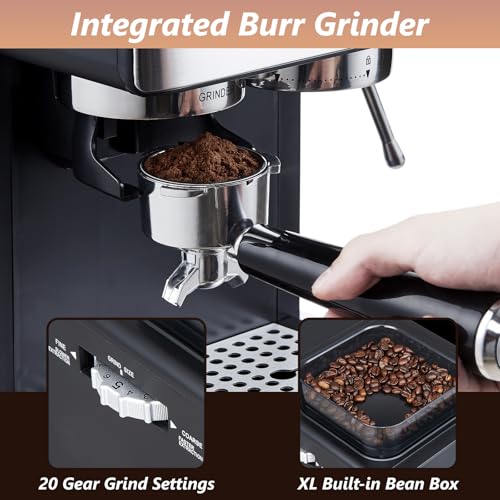 tesslux Espresso Machine with Grinder, 20 Bar Compact Espresso Maker with Milk Frother Steam Wand, Professional Coffee Machine for Home, Touch Control, Cappuccino & Latte Maker - Thumbnail 3