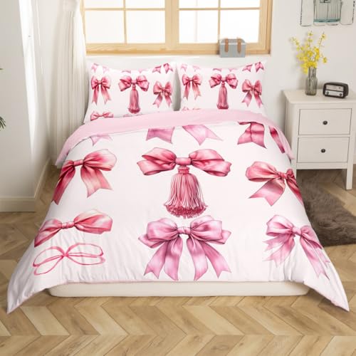 Housse de couette préppy coquette nœud rose et parure lit simple - 3