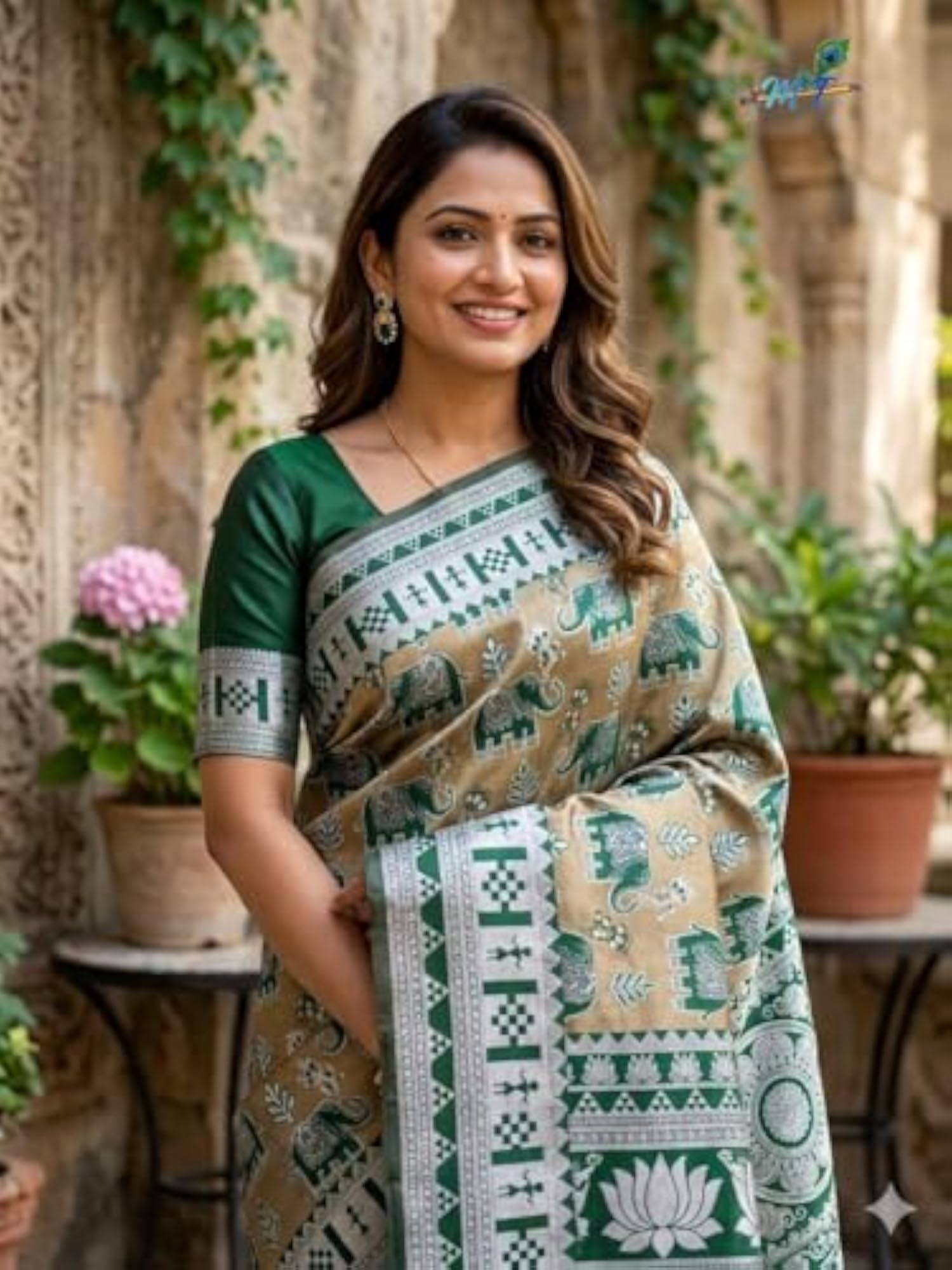 Women's Banarasi Silk Fabric Blend Saree with Elephant Motif