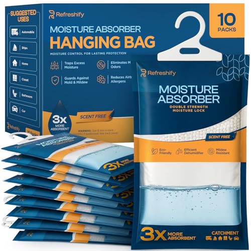 Dehumidifier Bags Wardrobe Dehumidifier Hanging Bags - 10 Pack High-Efficiency Moisture Absorber and Humidity Packs for Home Moisture Bags and Dehumidifier Bags for Car Fragrance Free 10 Pack
