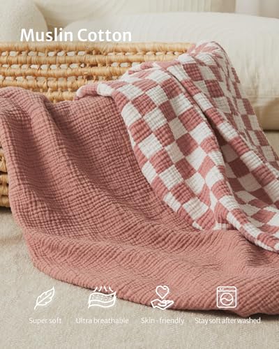Image of Blissful Diary Muslin Crib Sheets, 2 Pack, Dusty Pink Checkboard & Pink | fitted for 52''x28'' crib mattress, soft and breathable cotton, boho style, easy care for machine wash, gift for boy and girl