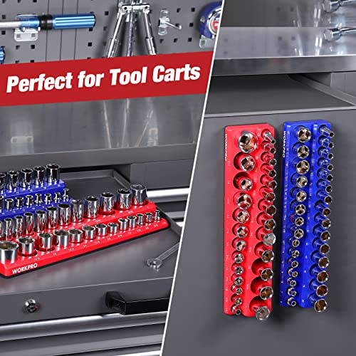 Image of WORKPRO 3 /8-inch Magnetic Socket Organizer Set, 2-Piece SAE & Metric Socket Holders, Holds 56 Standard and Deep Sockets for Tool Box, Tool Carts (Sockets Not Included) | Magnetic Socket Trays Hold 56 Standard and Deep Sockets for Tool Box, Tool Carts (Sockets Not Included)
