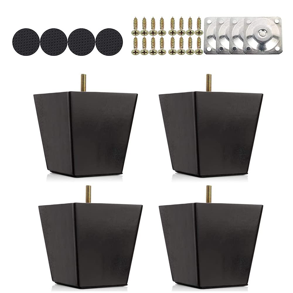 4 Piezas Patas para Muebles Negro, Patas de Madera Rectas de 6/10/ 15 cm con Rosca M8 y Placa de Montaje para Sofá, TV, Armario, Cama, Mesa de Comedor