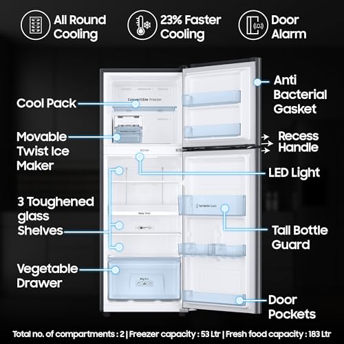 Image of Samsung 236 L, 3 Star, Convertible, Digital Inverter with Display Frost Free Double Door Refrigerator (RT28C3733S8 /HL, Silver, Elegant Inox)