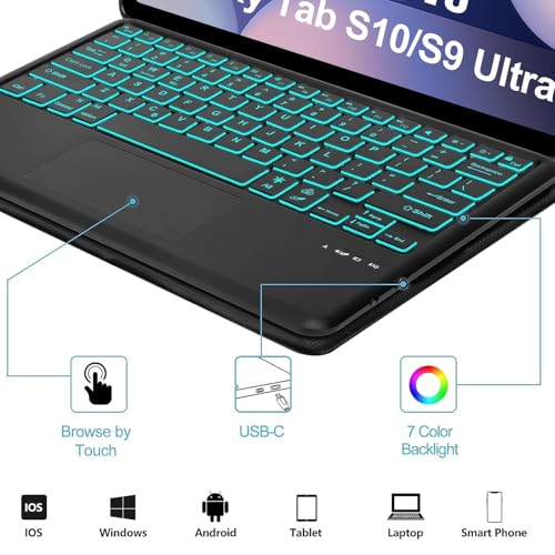 Image of Keyboard Case for Samsung Galaxy Tab S10 Ultra / S9 Ultra / S8 Ultra 14.6 inch, 7 Colors Backlit, Wireless Detachable Bluetooth Keyboard with Multi-Touch Trackpad, Smart Protective Cover S Pen Holder