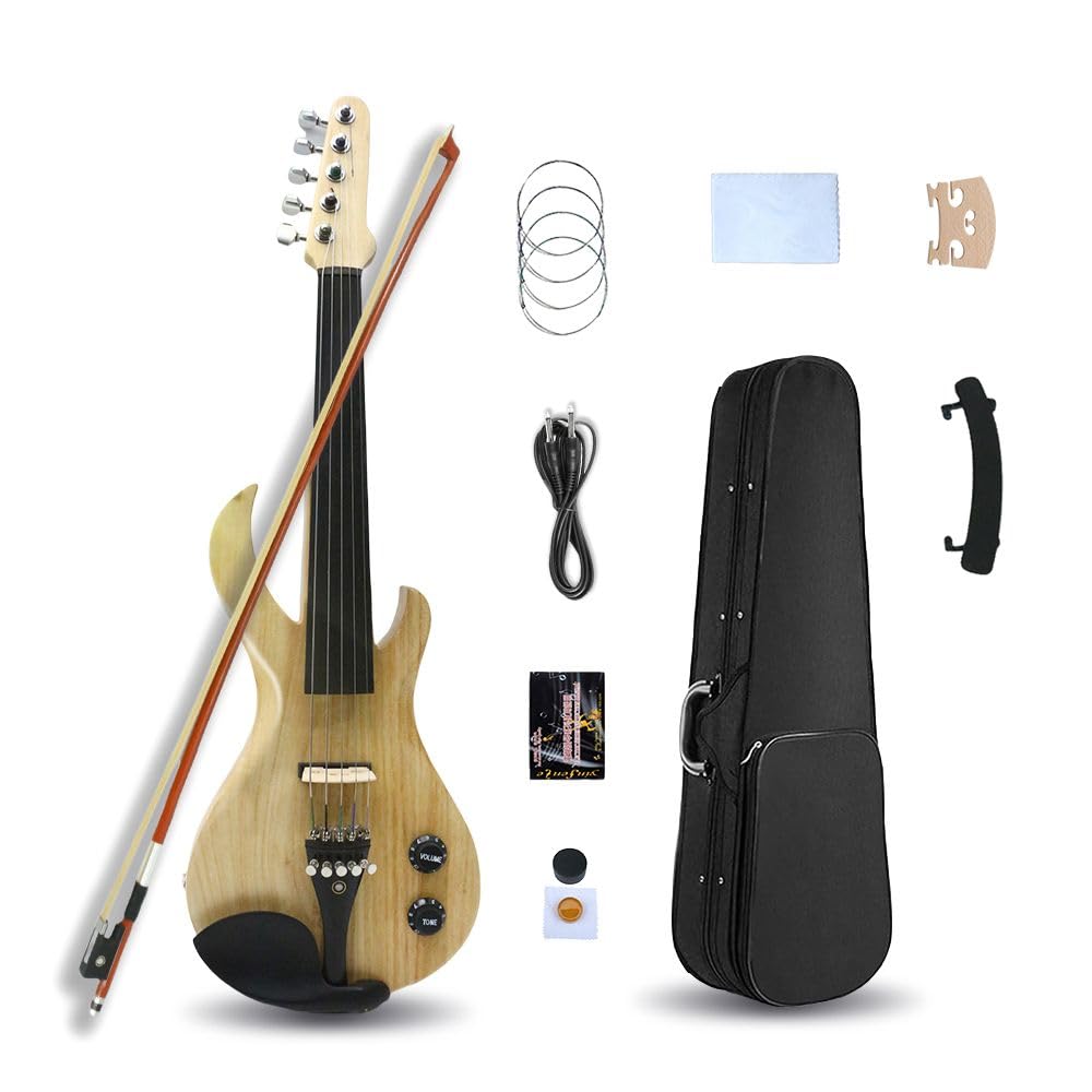 Yinfente - Violín eléctrico de 5 cuerdas 4/4 violín de tamaño completo con forma de guitarra eléctrica, piezas de violín de ébano con madera maciza, carcasa de violín sin cuerpo