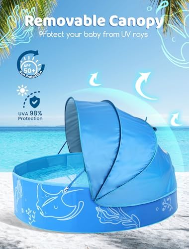 Foldable Kiddie Pool with Canopy: 47in Baby Pool and Beach Tent for Toddlers Infants 6-12 Months and Kids 2-4 Years Old - Portable Water Play with Shade for Outdoor Backyard Beach - 1