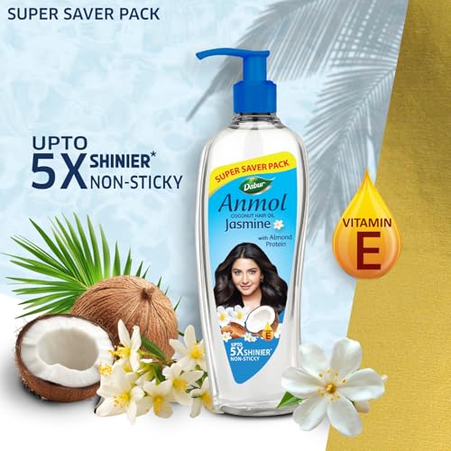 Image of Dabur Anmol Jasmine Coconut Hair Oil Pack of 2 (475ml x 2), for Nourished & Frizz-Free Hair, Strengthens with Coconut, Jasmine & Almond Protein