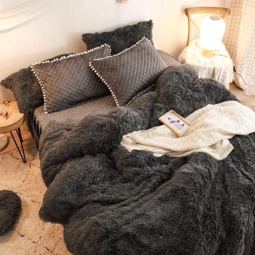 Haihua Luxury Plush Shaggy Duvet Cover Flannel Velvet Bedding (1 Faux Fur Duvet Cover +2 Faux Fur Pillowcases)Fluffy Comforter Bed Sets 3 Pieces ,Zipper Closure (Dark Gray, Queen) #TOP6