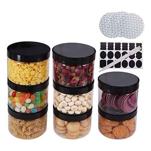 zmybcpack 12 Pack 8 OZ Clear Plastic Jars With Black Lids, A Spatula, A Pen & Labels - BPA Free PET Container for Cosmetics, Cream, Bathroom, Kitchen & Travel Plastic Slime Storage Jars