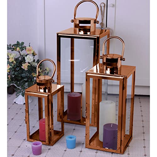 Mojawo® Lot de 3 lanternes de jardin de luxe XXL en acier inoxydable - Photophore en verre - Or rose - 30/40/53 cm - Cuivre