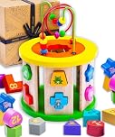 Jaques of London Wooden Activity Cube for 1 Year Old | Wooden Shape Sorter with Bead Maze | Montessori Educational Toys for 1 Year olds | Since 1795