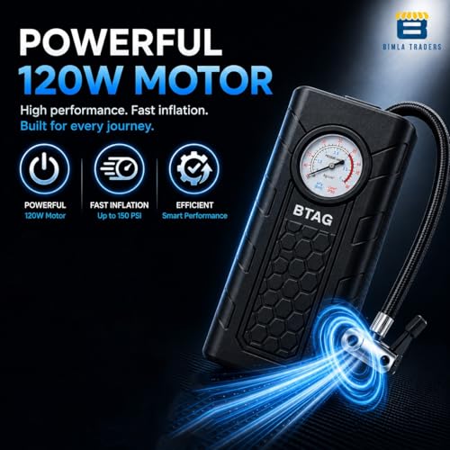 Image of Btag Portable Digital Tyre Inflator for Car & Bike - Compact Air Pump Compressor with Pressure Gauge, Fast Inflation - Ideal for Tyres, Balls & Inflatables. Pack of 1 (AU002 Black)