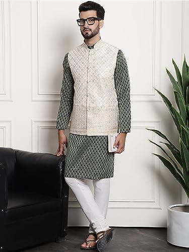 Image of SOJANYA (Since 1958 Men's Jacquard Silk Kurta and Pyjama with Nehru Jacket