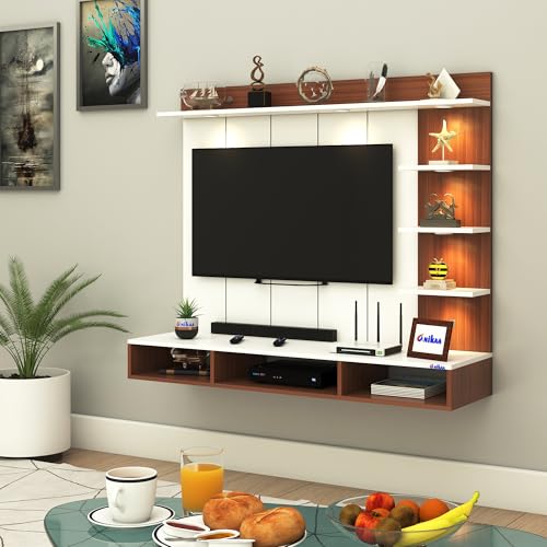 Image of Anikaa Tyron Engineered Wood Wall-Mount TV Unit with PVC Back Panel & LED Lights | TV Cabinet with Storage Box & Decorative Shelves (Walnut /White) | Ideal for TVs up to 43 Inch | DIY Installation