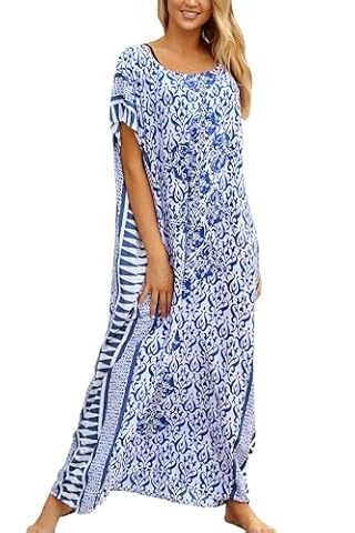 LikeJump Kobiety Boho Kaftan Beach Cover Up Stroje Kąpielowe Kimono Maxi Sukienka Plus Size Tpos, D Niebieski Biały, Rozmiar uniwersalny