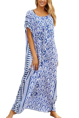 LikeJump Kobiety Boho Kaftan Beach Cover Up Stroje Kąpielowe Kimono Maxi Sukienka Plus Size Tpos, D Niebieski Biały, Rozmiar uniwersalny