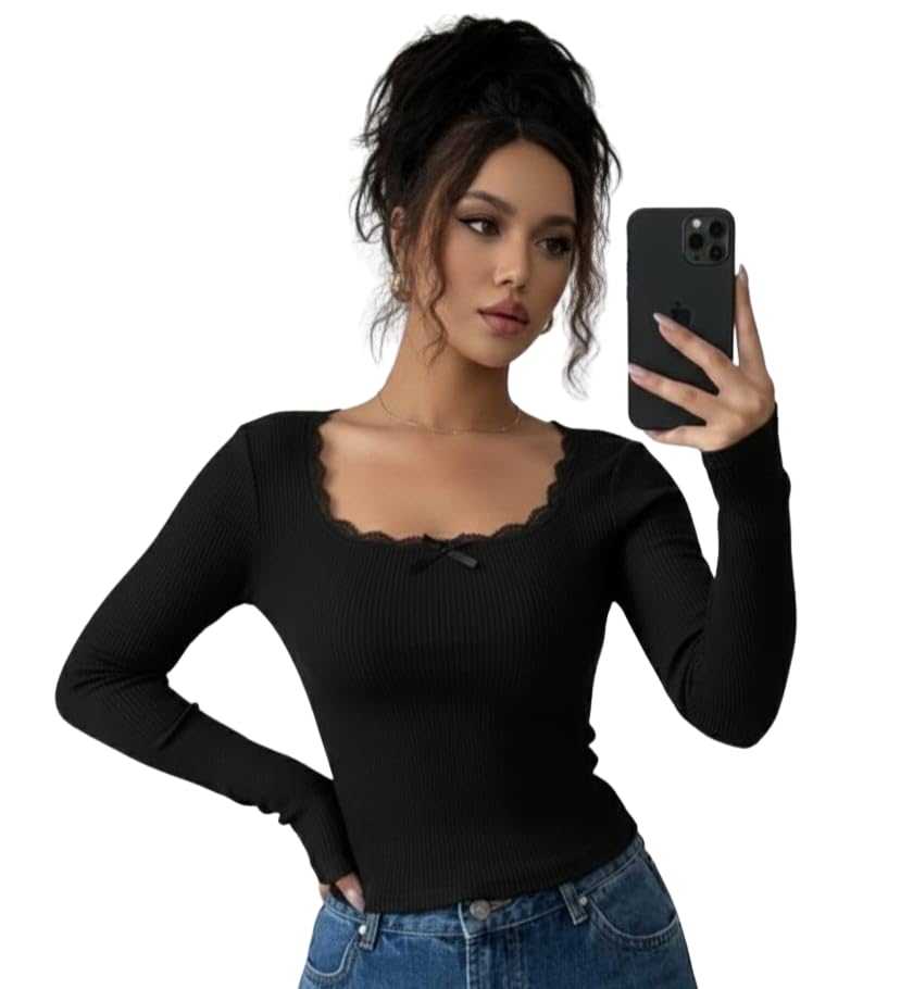 Image of Korean Deep Neck Lace Crop Top for Women, Full Sleeve Stylish Top, Trendy Slim Fit for Girls