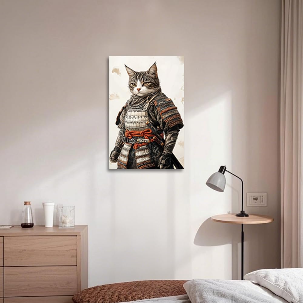 CGXLB Samurai Cat Wall Art Canvas Print Japanese Warrior Cat with Katana Anime-inspired Feline Samurai Paintings for Living Room Bedroom Game Room & Anime Lovers 12"x18"