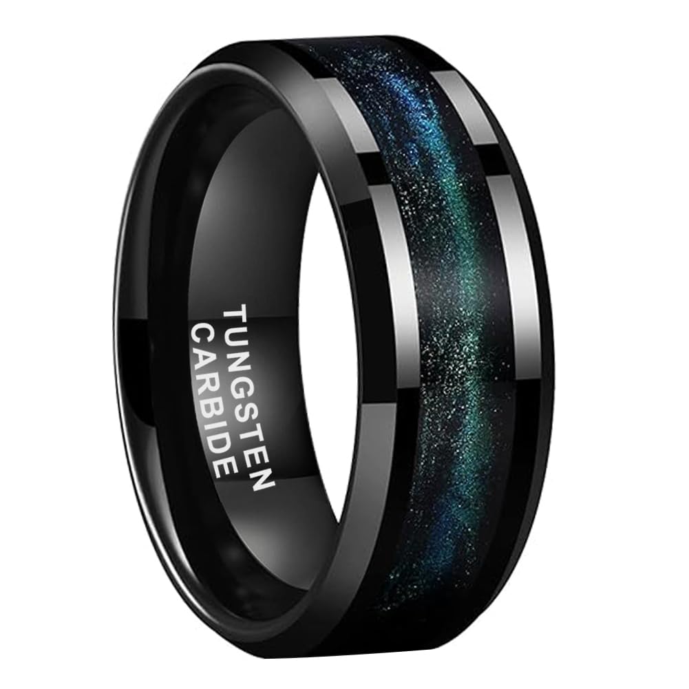 TUTISS 8mm Black Tungsten Rings for Men Women Flowing Sand Inlay Fashion Engagement Promise Wedding Band Beveled Polished Shiny Comfort Fit