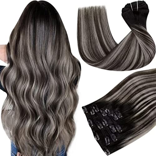 Hetto Extension de Cheveux Naturel a Clip Ombre Noir a Silver 14 Pouces Clip Cheveux Naturel Lisse Extensions Clips Naturelle Long Remy Hair 7pcs/120g #1b/silver/1b Gris Highlight Cover