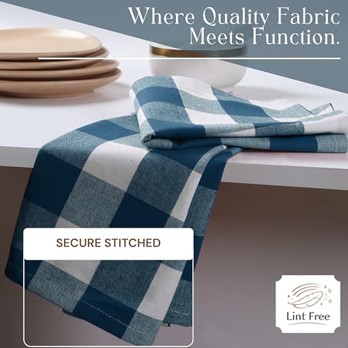 Image of Teal Buffalo Check Plaid Kitchen Towels, 4 Pack, 100% Cotton, 16x26 Inches, Super Absorbent, Quick Dry, Soft, Dish Drying & Cleaning Towels with Hanging Loop, Teal Green and White
