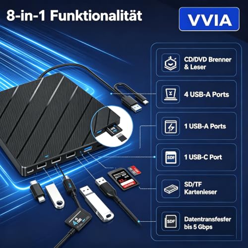 vvia Lecteur CD/DVD externe USB 3.0 & USB-C, 13 mm ultra plat – vue 3