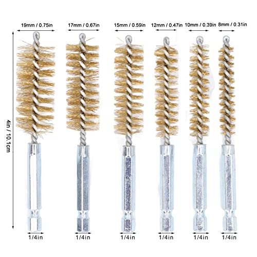 Image of Walfront 6PCS Nylon Bore Brush Cleaning Brush Set 1 /4 inch Hex Shank for Drill Twisted Wire Cup Brush for Cleaning Holes Tubes Non-Scratch Cleaning for Automotive Welding (Yellow Copper)