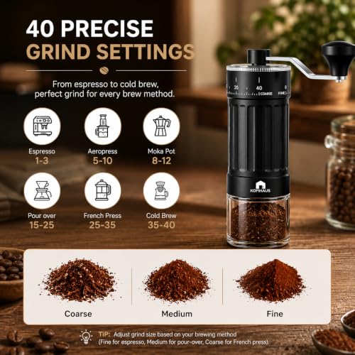 Image of KOFIHAUS Manual Coffee Grinder - Adjustable Conical Burr Hand Grinder with Precision Grind Settings for Espresso, Pour Over, French Press - Compact & Portable Design