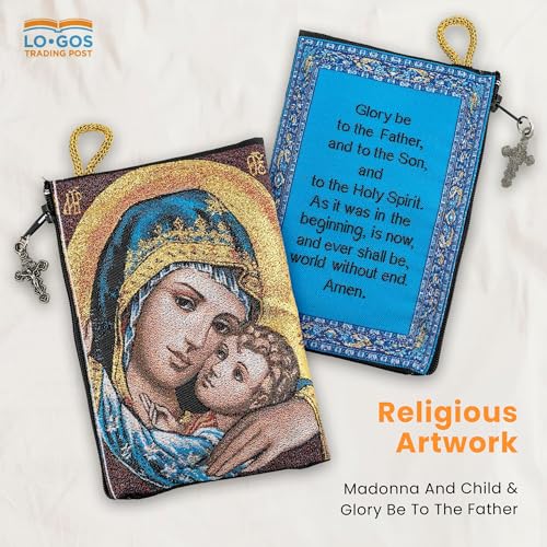 Image of TREE OF LIFE REV. 22:14 Catholic Rosary Pouch, 4 inch x 6 inch Jewelry & Coin Purse with Cross, Small Woven Tapestry Icon Bag, Bolsa de Rosario Catolico para Joyeria, Madonna and Child & Glory Be to the