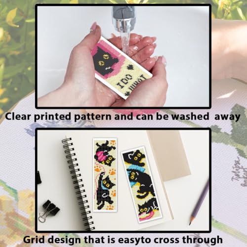 Image of ACRNIGHEET 6PCS Cross Stitch Bookmark Kit for Beginner Stamped Cross Stitch Kits for Adults Naughty Black Cat DIY Tassel Embroidery Bookmark Kits Needlepoint Kit with Instructions Gift 8.5''x3'' 11CT