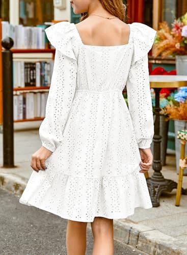 Girls Eyelet Cotton Dresses 2025 Ruffle Casual Puff Long Sleeve A-line Dress for 6-13 Years2