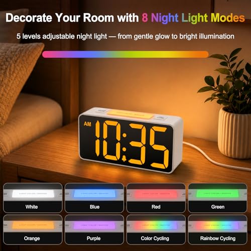 Image of DreamSky Small Digital Alarm Clock with Night Light for Kids Bedroom | RGB Desk Clock with Large Numbers for Teens Boys, Brightness Dimmer, Adjustable Alarm Volume, USB Port, USB-C Adapter Powered