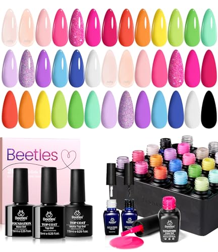 Beetles Gel Polish Set 20 Farben Gel Nagellack mit 3 Überlack Unterlack Glanz und Matt Gelnagel Jelly Nude Blau Grün Weiß Glitter Violett Rosa UV Nagellack Kunstnägel Geschenke für Frauen