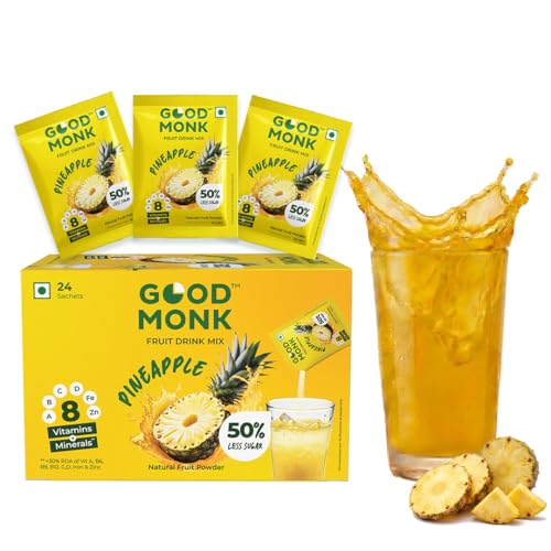 Good Monk Fruit Drink Mix (Natural Pineapple Powder), 50% Less Sugar with 8 Vitamins & Minerals (Vitamin B12, C, D, Iron & more) | Tasty & Healthy Drink Mix for Hydration, Energy, Immunity, 24 Sachets