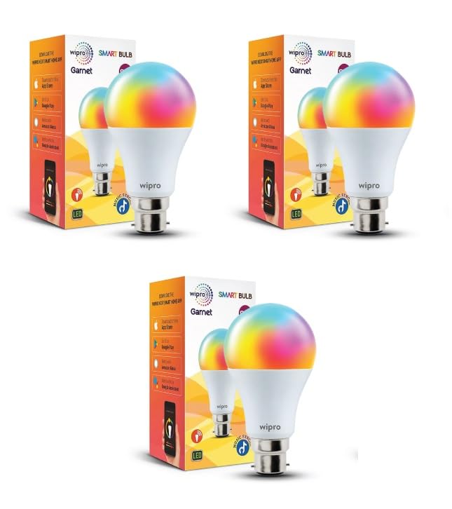 wipro 9W B22D Wi-Fi Smart LED Bulb with Music Sync | Voice Control with Alexa, Google Asst | App Control |16 M Colours, White Tunable - Warm, Neutral & Cool White +Dimmable | Scenes | Pack of 3