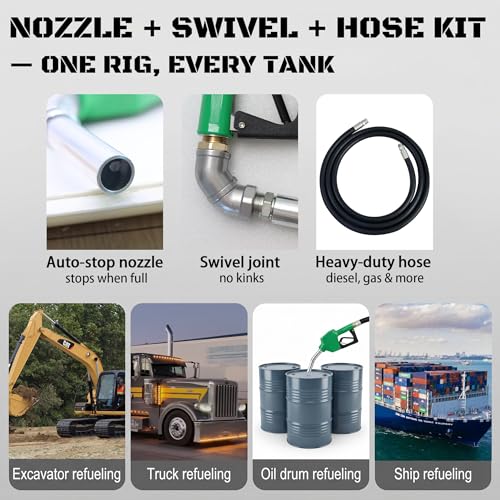 Image of 16 GPM Auto Shut-Off Fuel Nozzle & Hose Kit - 10FT 3 /4 inch NPT with 360 Swivel for Gas Diesel Kerosene E15 B20, Heavy-Duty Transfer Pump Nozzle for Tractor Farm Generator