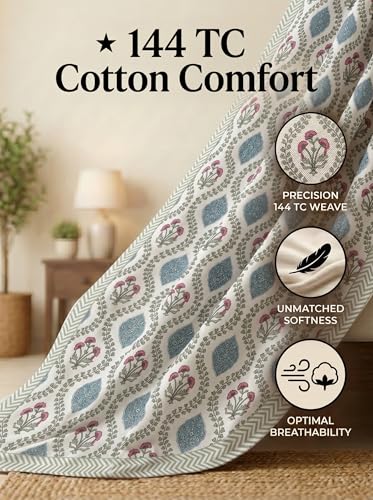Image of Mafatlal 144 TC Heritage 100% Cotton Bedsheet for Twin Bed & Single Size Bed with Pillow Cover (90x60 inches), Jaipuri Rajasthani Design, Extra Soft & Wrinkle Free| Soft Blue