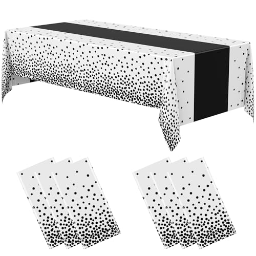 Image of Oudain 3 Pcs Black and White Polka Dot Tablecloth, Minimalist Disposable Plastic Waterproof Tablecloths, Rectangle Table Cover for Birthday Wedding Baby Shower Minimalist Party Decorations, 54 inch x 108 inch