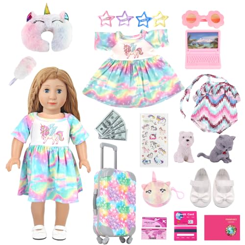 AugFrog 18 Inch Charming Oversea Travel Playset for American Dolls, 25 Pcs Doll Accessories Includes Colorful Luggage Unicorn Dress Swimsuit Bow Shoes and Plush Pets Pink Bag, Gifts for Kid Girls