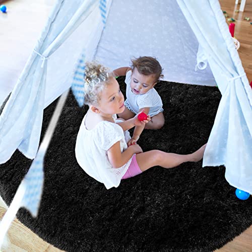 Lochas Luxury Round Fluffy Area Rugs For Bedroom Kids Girls Room Nursery, Super Soft Circle Rug, Cute Shaggy Carpet For Children Living Room, 4X4 Feet Black #TOP1