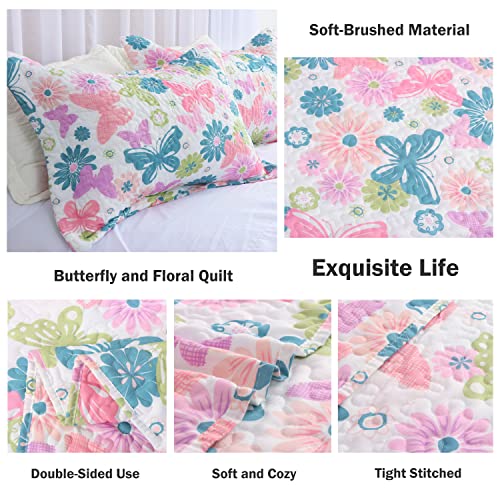 Cmfshape Butterfly Quilt Set King Size,Reversible Quilts,Pink Floral Quilted Bedspread With Shams,Soft Lightweight Microfiber Coverlet All Season(King106 X96 Pink) #TOP3
