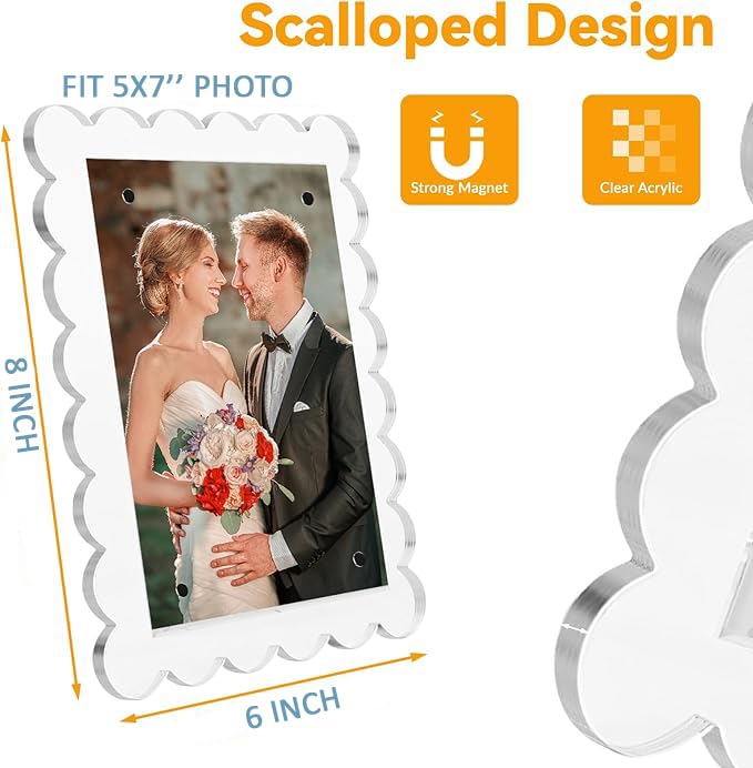 PICASSO SIGNAGE 6X8'' Picture Frame, Acrylic Clear Scalloped Photo Frame with Magnetic Holder for Vertical and Horizontal, Magnetic Picture Frames for Refrigerator and Desktop Display (5 x 7 PHOTO SIZE, (1 Pack)) 2