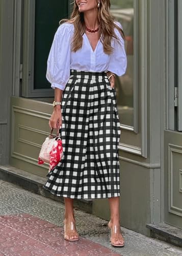CHARTOU Women's Summer Gingham Long Skirt Casual High Waisted A Line Plaid Printed Flowy Skirt with Pockets4