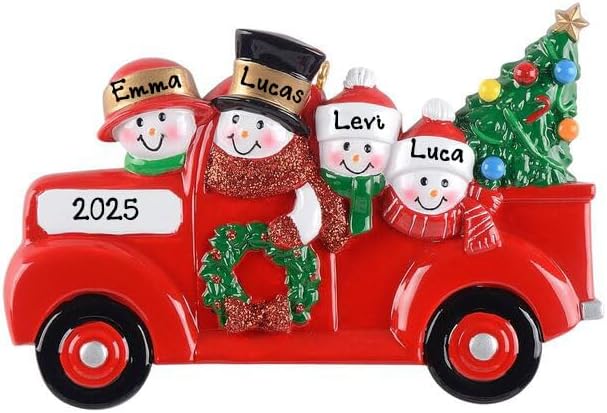 Adorno de Navidad personalizado con muñeco de nieve de familia de 4 en color rojo pickup 2023  Camión rojo vintage con adorno colgante en el árbol