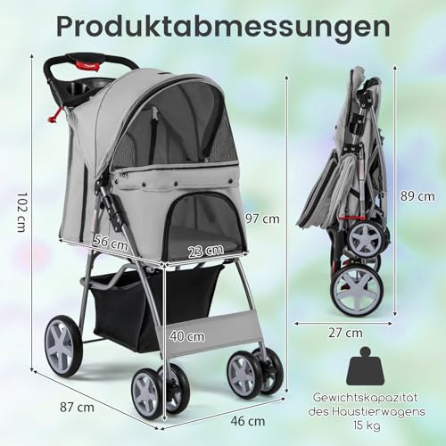 COSTWAY Hundewagen Haustiere Buggy, bis 15 kg, Hundebuggy mit Netzfenstern & Getränkehalter & Korb & Sonnenschutz, Faltbarer Katzenwagen, Katzenbuggy für kleine Hunde Katzen (Grau)