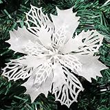 Waipfaru 12 Pcs Poinsettias Artificial Christmas Flowers, White Glitter Christmas Tree Decorations Ornaments for Xmas Winter Wreath Garland Wedding Decor